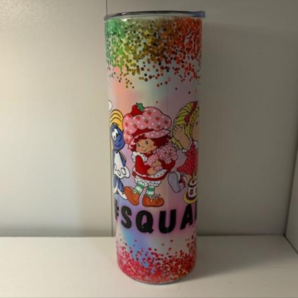 NIB! 80s Cartoon 20oz. Tumbler, Lid SS, Care Bear, Rainbow Brite, Smurf